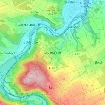 Mappa topografica Leversbach, altitudine, rilievo