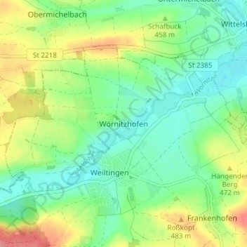 Mappa topografica Wörnitzhofen, altitudine, rilievo