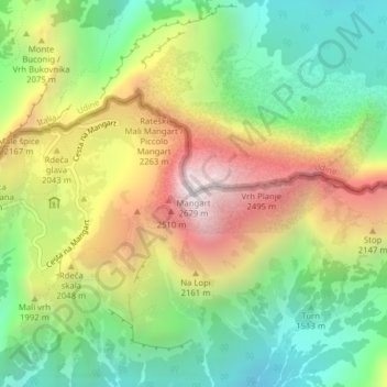 Mappa topografica Mangart, altitudine, rilievo