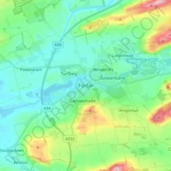 Mappa topografica Forfar, altitudine, rilievo
