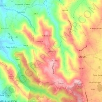 Mappa topografica Louções, altitudine, rilievo