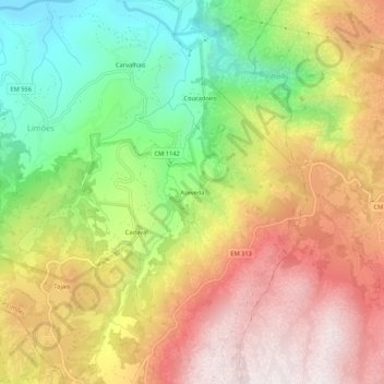 Mappa topografica Azeveda, altitudine, rilievo