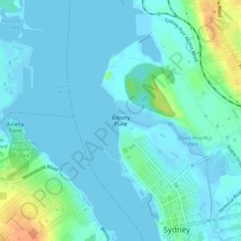 Mappa topografica Sydney, altitudine, rilievo