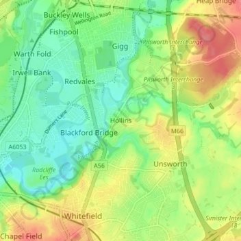 Mappa topografica Hollins, altitudine, rilievo