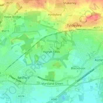 Mappa topografica Higher Folds, altitudine, rilievo