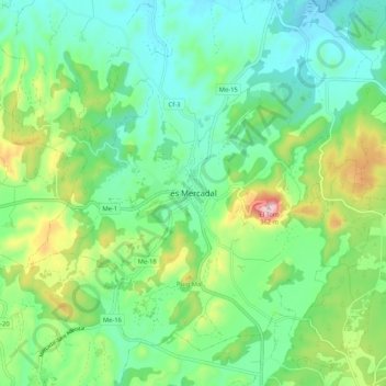 Mappa topografica Es Mercadal, altitudine, rilievo
