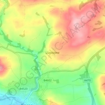 Mappa topografica Llanddew, altitudine, rilievo
