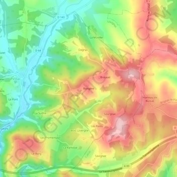Mappa topografica Rongère, altitudine, rilievo