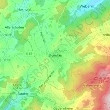 Mappa topografica Brandau, altitudine, rilievo
