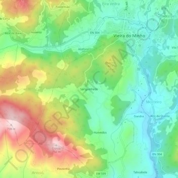 Mappa topografica Sanguinhedo, altitudine, rilievo