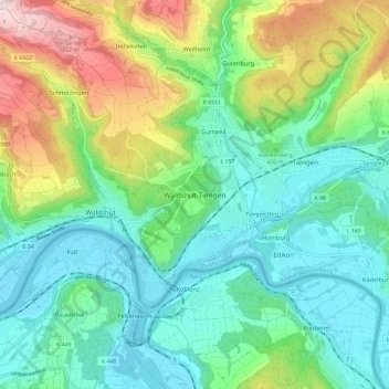 Mappa topografica Waldshut-Tiengen, altitudine, rilievo