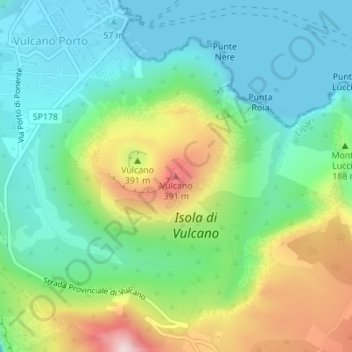 Mappa topografica Vulcano, altitudine, rilievo