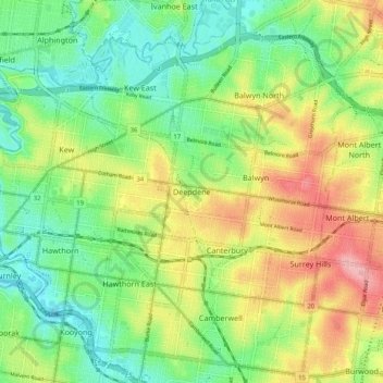Mappa topografica Deepdene, altitudine, rilievo