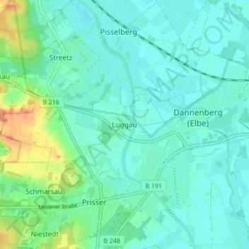 Mappa topografica Lüggau, altitudine, rilievo