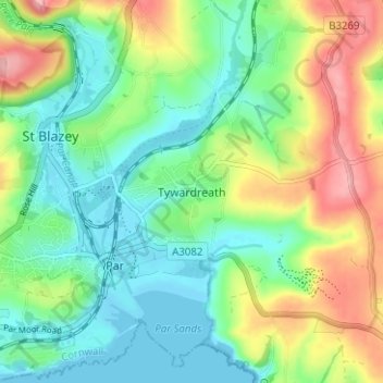 Mappa topografica Tywardreath, altitudine, rilievo