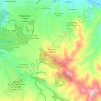 Mappa topografica Comunidad Los Peumos, altitudine, rilievo