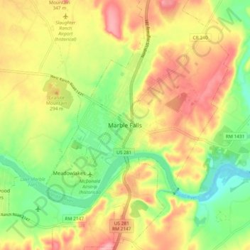 Mappa topografica Marble Falls, altitudine, rilievo