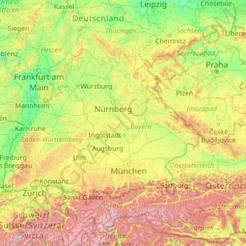 Mappa topografica Bayern, altitudine, rilievo
