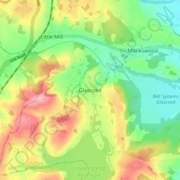 Mappa topografica Glascoed, altitudine, rilievo