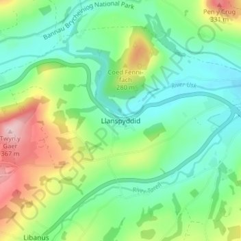 Mappa topografica Llanspyddid, altitudine, rilievo