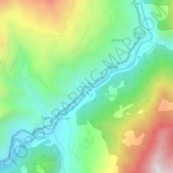 Mappa topografica Kumalti, altitudine, rilievo
