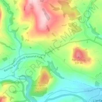 Mappa topografica Cradoc, altitudine, rilievo