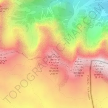 Mappa topografica Punta Quaira di Sennes, altitudine, rilievo