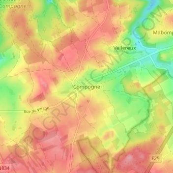 Mappa topografica Compogne, altitudine, rilievo