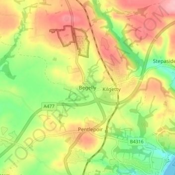 Mappa topografica Begelly, altitudine, rilievo