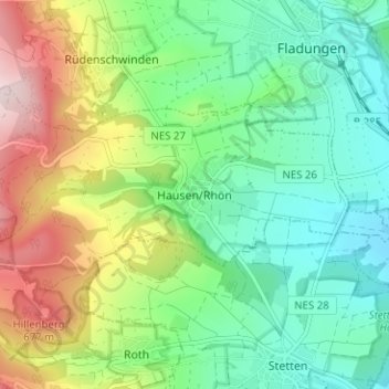 Mappa topografica Hausen/Rhön, altitudine, rilievo