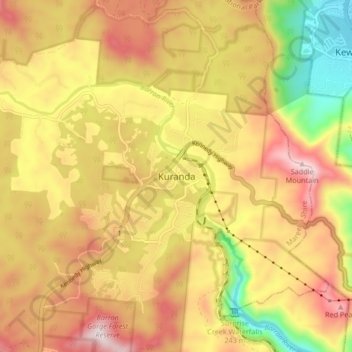 Mappa topografica Kuranda, altitudine, rilievo