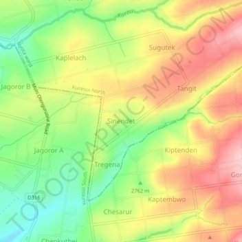 Mappa topografica Sinendet, altitudine, rilievo