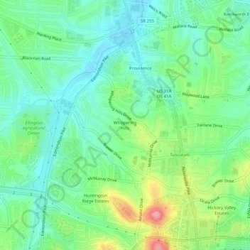 Mappa topografica Whispering Hills, altitudine, rilievo
