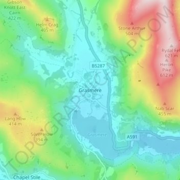 Mappa topografica Grasmere, altitudine, rilievo