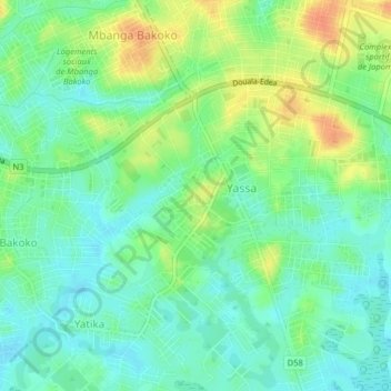 Mappa topografica Yassa Bakoko, altitudine, rilievo