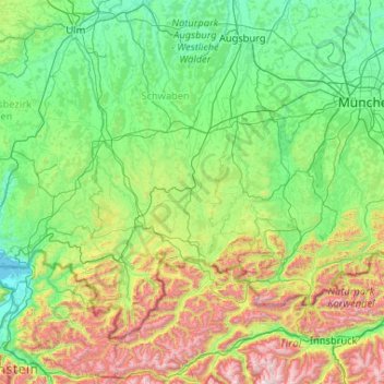 Mappa topografica Ostallgäu, altitudine, rilievo