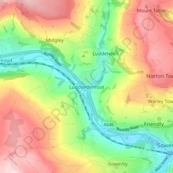 Mappa topografica Luddendenfoot, altitudine, rilievo