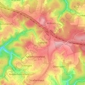 Mappa topografica Gierend, altitudine, rilievo