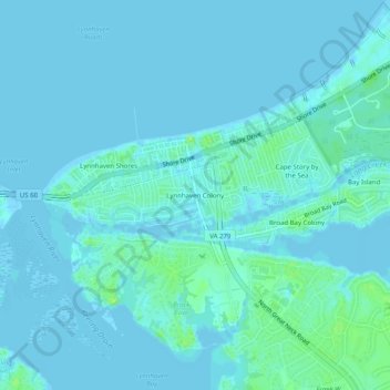 Mappa topografica Lynnhaven Colony, altitudine, rilievo