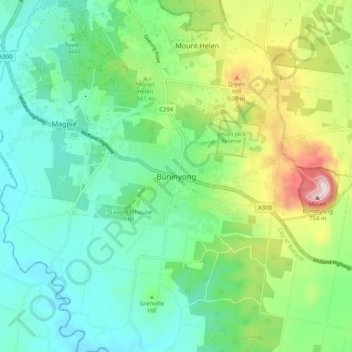 Mappa topografica Buninyong, altitudine, rilievo