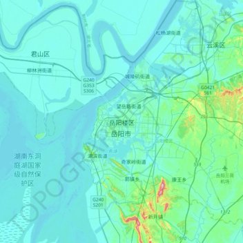 Mappa topografica 岳阳楼区, altitudine, rilievo