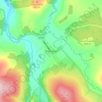 Mappa topografica Tomintoul, altitudine, rilievo