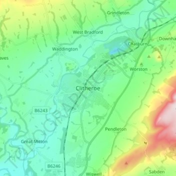 Mappa topografica Clitheroe, altitudine, rilievo