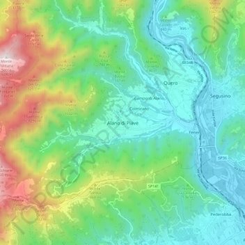 Mappa topografica Alano di Piave, altitudine, rilievo