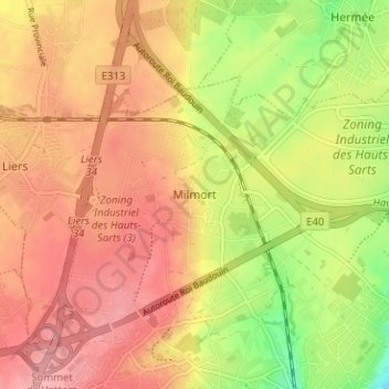 Mappa topografica Milmort, altitudine, rilievo