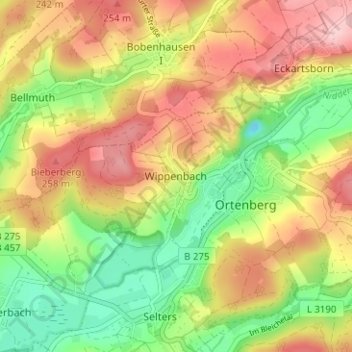 Mappa topografica Wippenbach, altitudine, rilievo