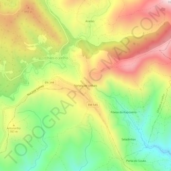 Mappa topografica Portela de Unhais, altitudine, rilievo