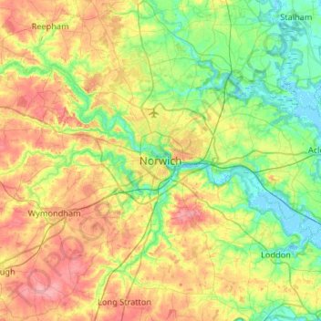 Mappa topografica Norwich, altitudine, rilievo