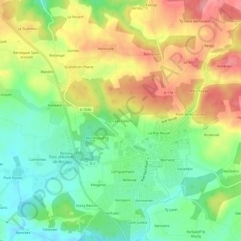 Mappa topografica Coat-Faou, altitudine, rilievo