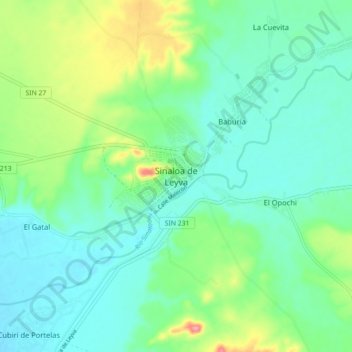 Mappa topografica Sinaloa de Leyva, altitudine, rilievo